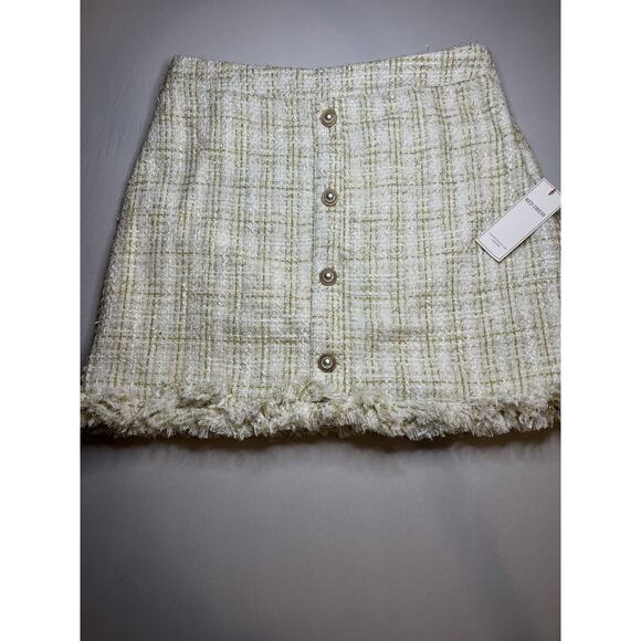 Aura Skirt Cream And Gold Tweed With Frayed Hem Gold Buttons Size Large NWTS - Picture 3 of 8